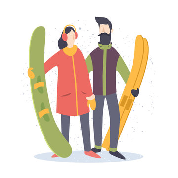 Young man with skis and a girl with a snowboard on a white background. Vector illustration. Flat design.