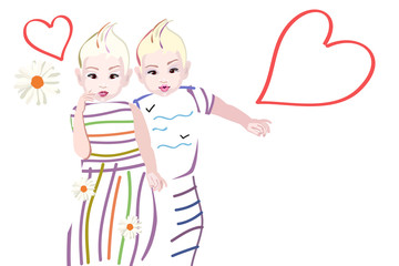 Abstract graphic illustration stylish two baby, love and  heart, striped dress, fashion girl and boy, print color vector design, isolated on white background pattern bubbles, greeting card valentine