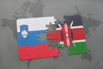 puzzle with the national flag of slovenia and kenya on a world map