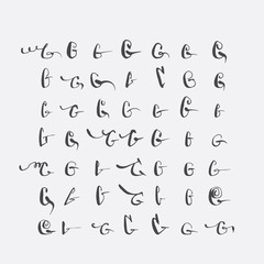 Vector set of calligraphic letters G, handwritten with pointed nib, decorated with flourishes and decorative elements. Isolated on grey black imperfect letters sequence. Various shapes collection.