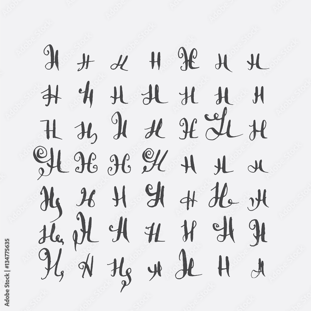 Poster vector set of calligraphic letters h, handwritten with pointed nib, decorated with flourishes and de