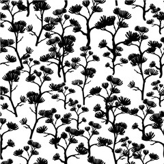Vector Black and White Asian Trees Kimono Seamless Pattern Background. Great for elegant gray texture fabric, cards, wedding invitations, wallpaper.