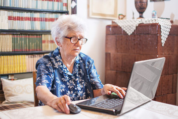 Grey-haired senior woman using laptop at home.