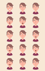 Man emotion face vector illustration. Fear, joy, anger, pleasure ....
