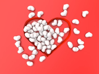Fototapeta na wymiar many white hearts on a red background Valentine's Day. 3d illustration