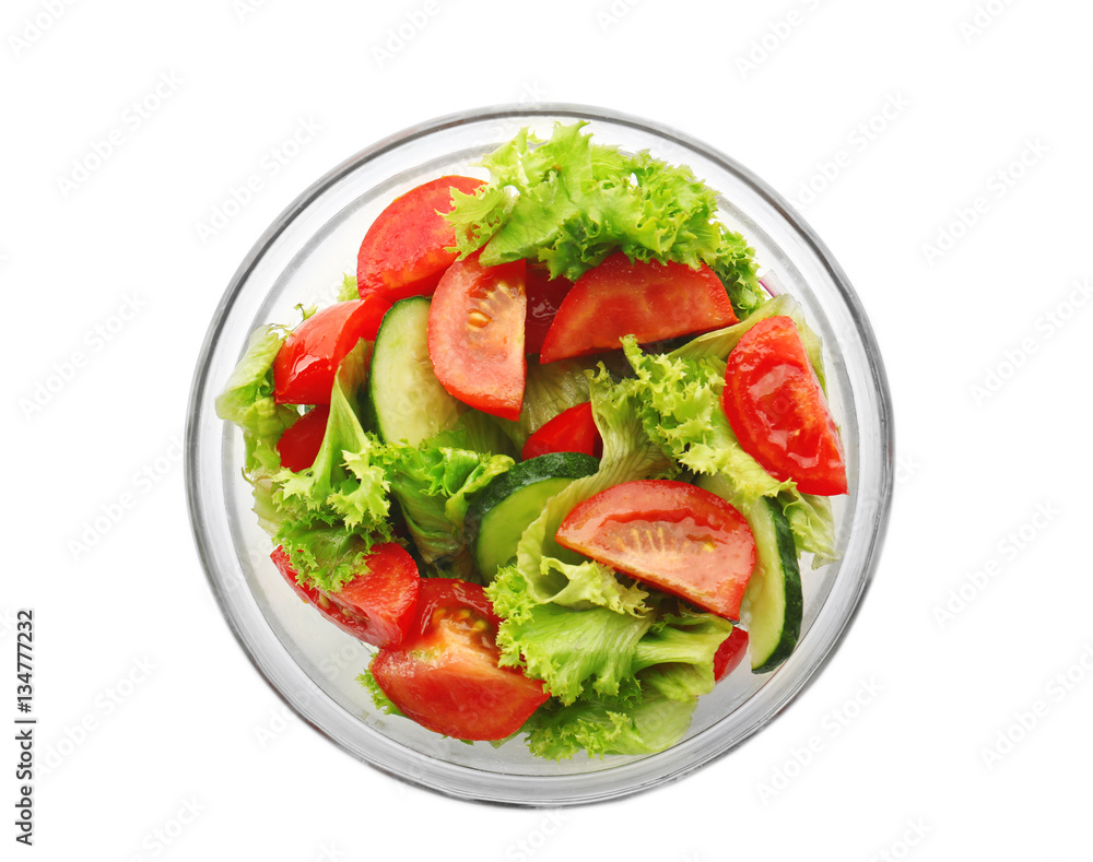 Sticker tasty vegetable salad in bowl on white background