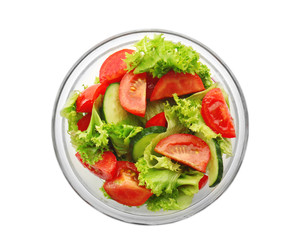 Tasty vegetable salad in bowl on white background