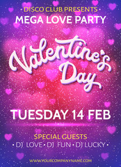 Valentines Day background or banner template with blurred hearts and glitter texture confetti. Love party poster with 3d white hand lettering text on pink and purple. Colorful font vector illustration
