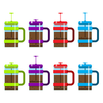 french press,coffeemaker,preparation of coffee,vector image, flat design