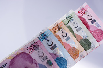 Turksh Lira banknotes of various color, pattern and value