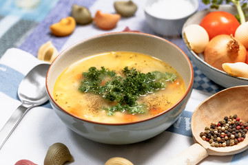 Hühner Nudelsuppe mit Karotten und Petersilie