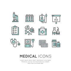 Vector Icon Style Logo Set of Medical diagnostic icons and objects. Medical icons made in line style. Healthcare research symbols. Medical symbols isolated set
