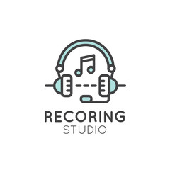 Simple Vector Icon Style Music Logos. Recording Studio Label. Podcast and Radio Badge with Sample Text. Design with Waves, Headphones and Mixing console