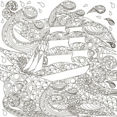 Obraz premium Hand drawn ship on zentangle waves, vector illustration