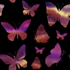 Watercolor pattern with silhouette of butterfly. Hand painted insect collection isolated on black background. Illustration for design, print or fabric