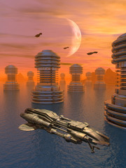 the spaceship flies between giant generators immersed in the sea of ​​a distant planet © Tiziano Cremonini