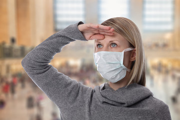Portrait of woman wearing facial hygienic mask outdoors. Flu and virus protection concept