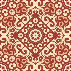 Vector seamless pattern with bright brown ornament. Tile in Eastern style. Ornamental lace tracery. Ornate swirl geometrical decor for wallpaper. Traditional arabic mosaic design