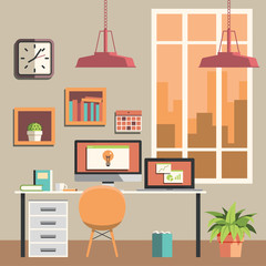 Flat design office workspace. Creative desktop 