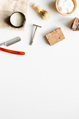 Mens hairdressing desktop with tools for shaving top view