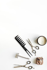 Mens hairdressing desktop with tools for shaving top view