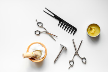 Mens hairdressing desktop with tools for shaving top view