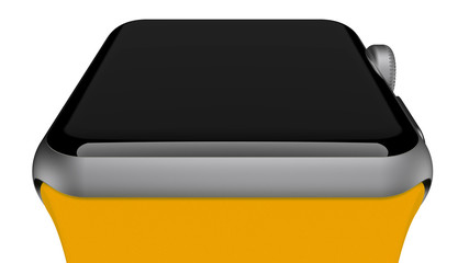 Silver aluminum watch with yellow stripe.