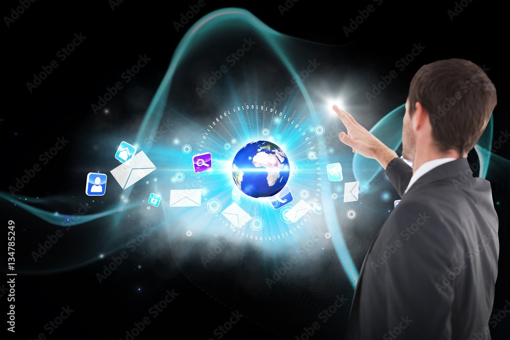 Poster composite image of focused businessman standing and pointing 3d