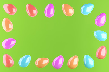 Frame made of easter eggs on green background. 3d rendering