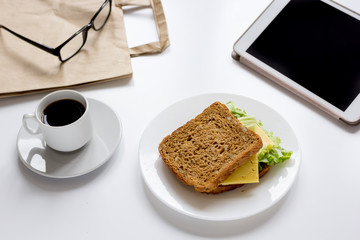 concept of lunch break at work top view mock up