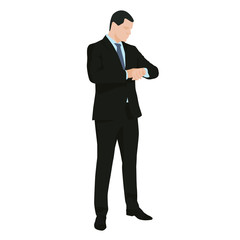 Business man in suit standing and checking his watch, flat desig