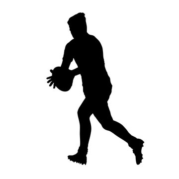 Running rugby player holding ball, vector silhouette