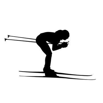 Cross-country skiing downhill, woman or girl vector silhouette.