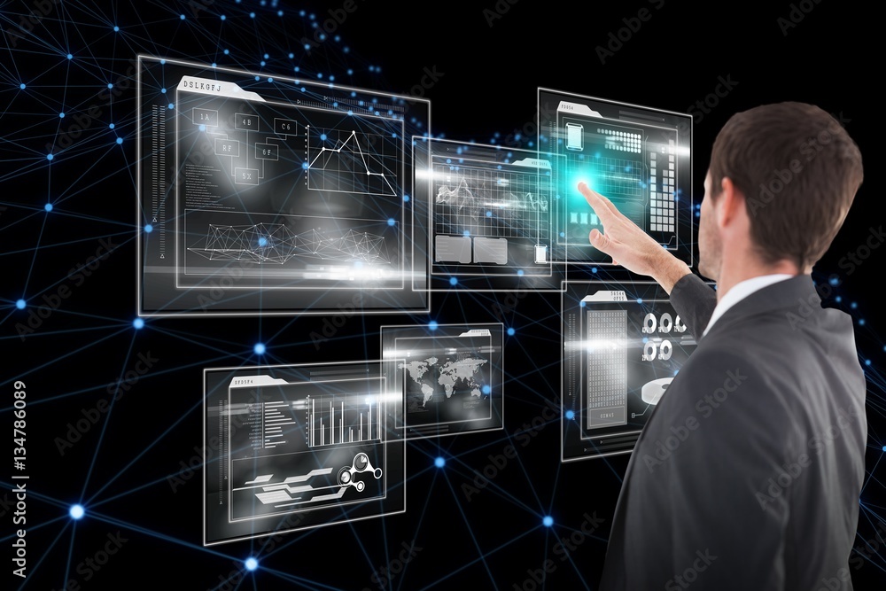 Poster composite image of focused businessman standing and pointing 3d