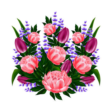 Bouquet of roses, peonies, lavender and green for the print or pattern on the fabric