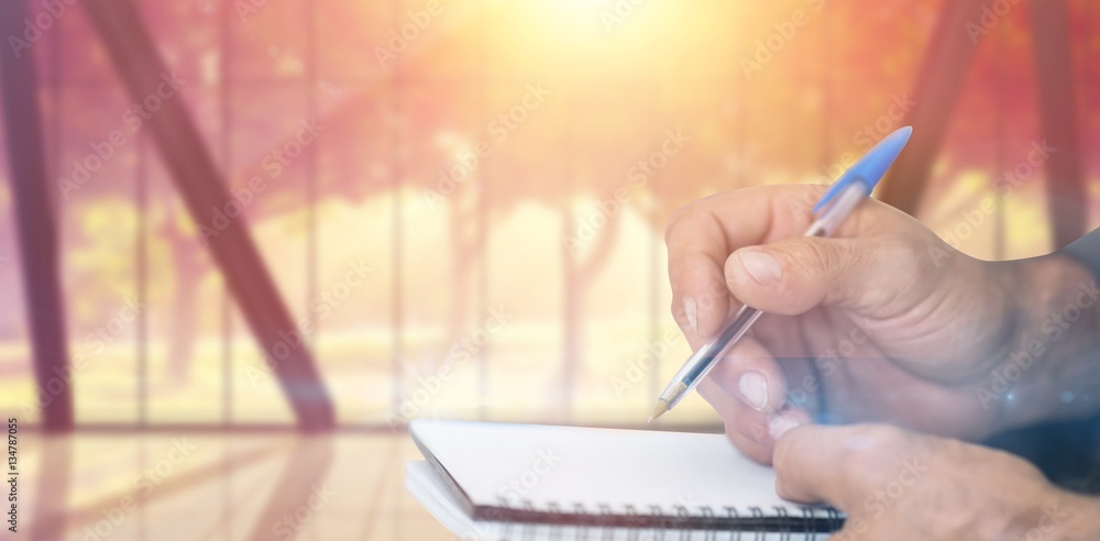 Poster composite image of close up of man writing in notepad