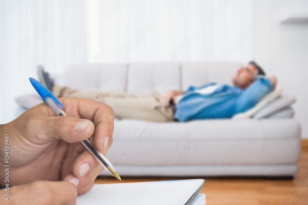 Poster composite image of close up of man writing in notepad