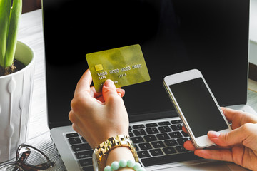 concept girl online shopping with laptop mock up