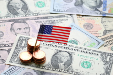 Obraz na płótnie Canvas US flag and Dollar cash background, USA finance and economy concept