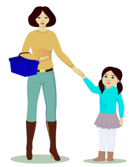 Mother and daughter with shop basket isolated