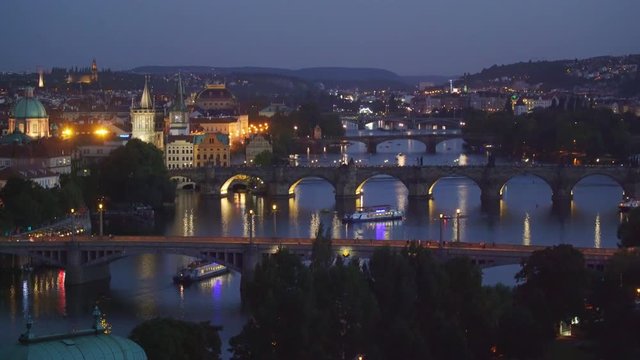 Night panoramic view Vltava river from Letná Park, Prague, Czech Republic