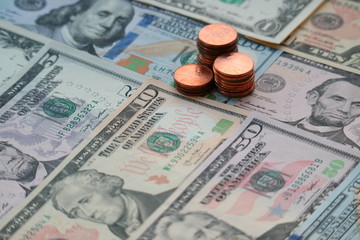 US dollar cash, banknote, coin stack background, finance concept