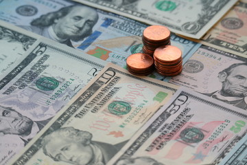 Obraz na płótnie Canvas US dollar cash, banknote, coin stack background, finance concept