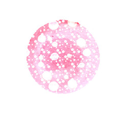 Abstract round background in shades of pink with splashes white. Winter watercolor circle