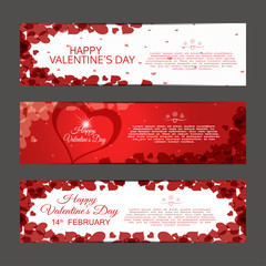 Vector banners of the Happy Valentine's Day on the red and white background with heart and abstract pattern.