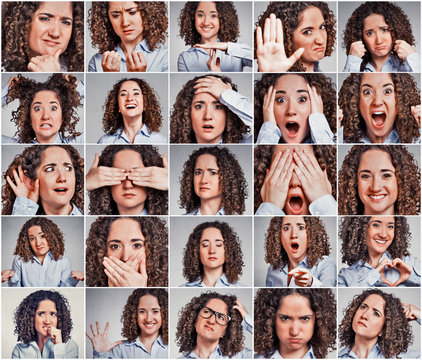 Collage of a woman expressing different emotions and feelings