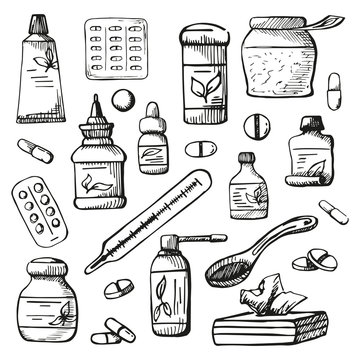 Drugs isolated on white background. Vector illustration in a sketch style