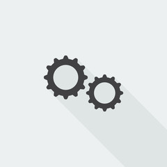 Black flat Gears icon with long shadow on white background