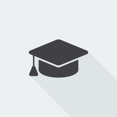 Black flat Graduation Cap icon with long shadow on white backgro