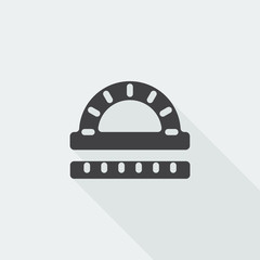 Black flat Protractor Ruler icon with long shadow on white backg